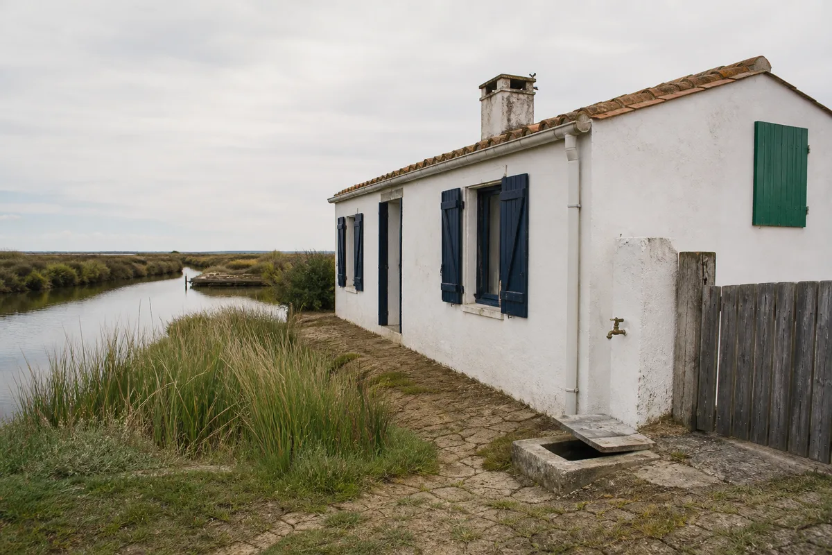 Maison basse blanchie à la chaux aux volets bleus au bord d&rsquo;un étier du marais breton vendéen