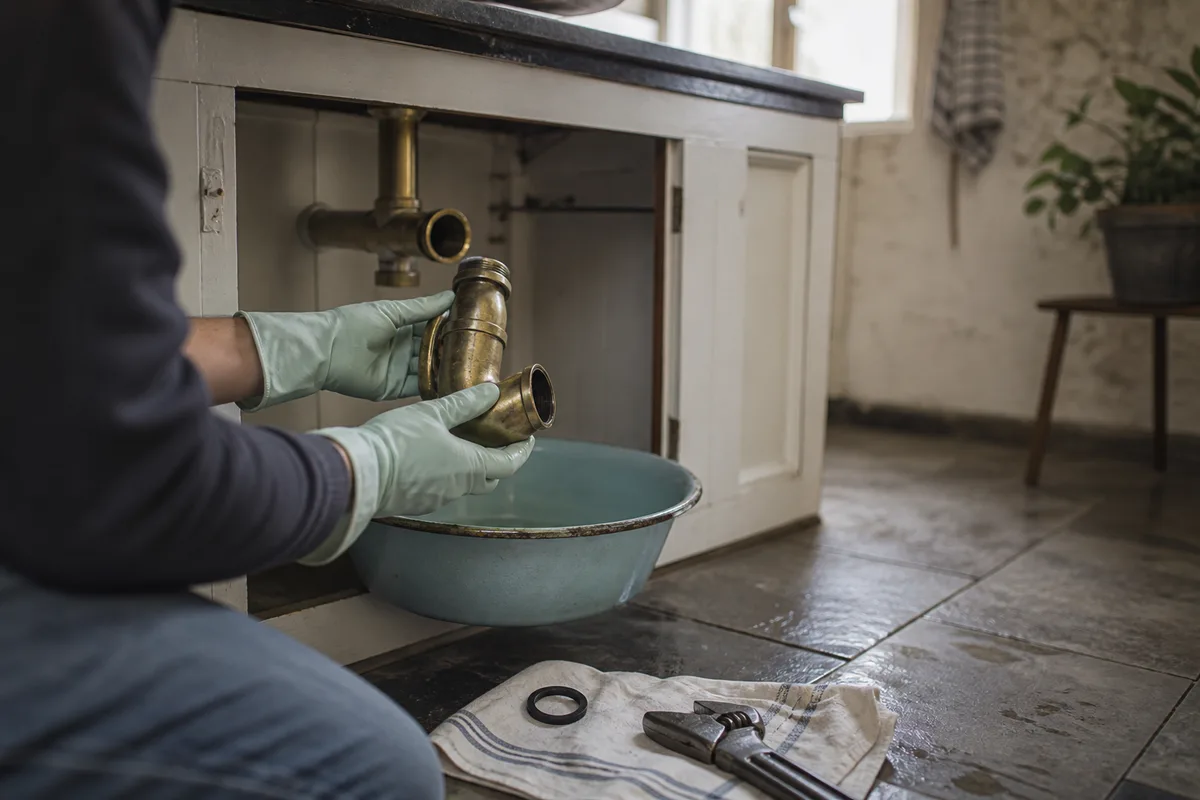 Siphon d’évier démonté au-dessus d’une bassine dans une cuisine de maison de plain-pied