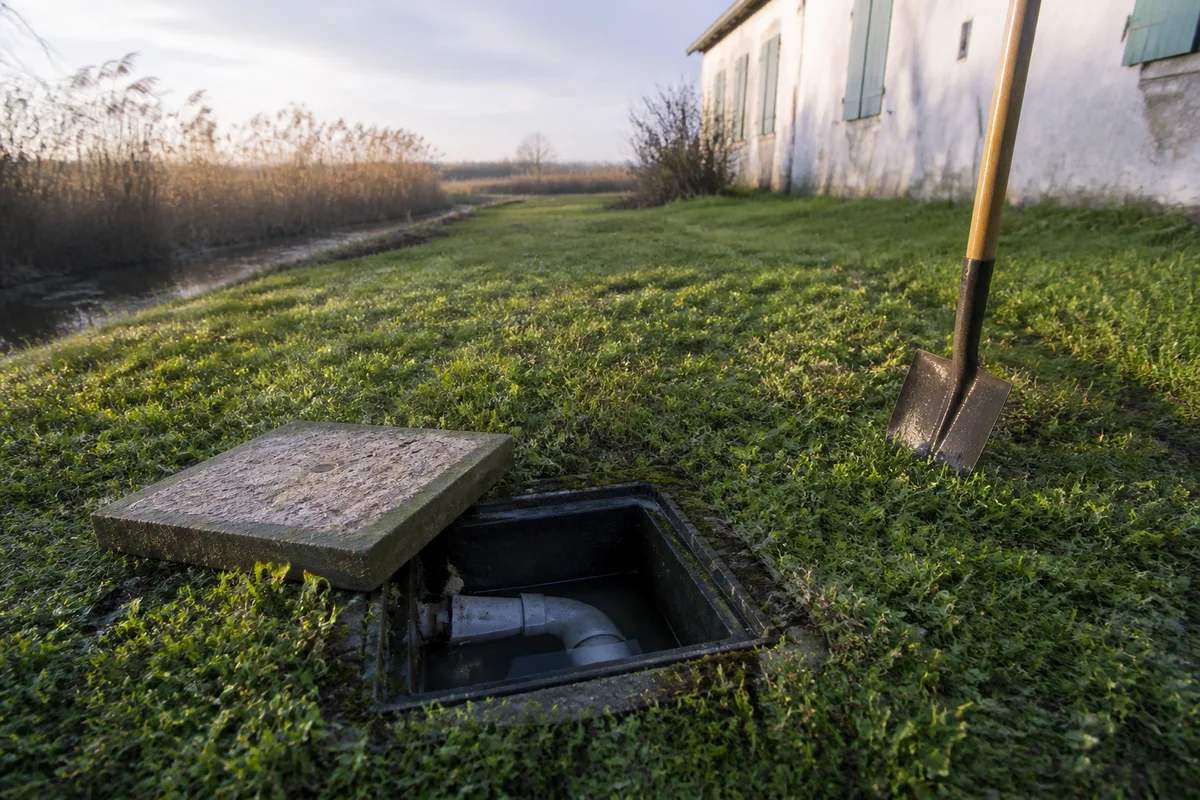 Regard d’assainissement ouvert dans une cour enherbée bordée de roseaux du marais breton