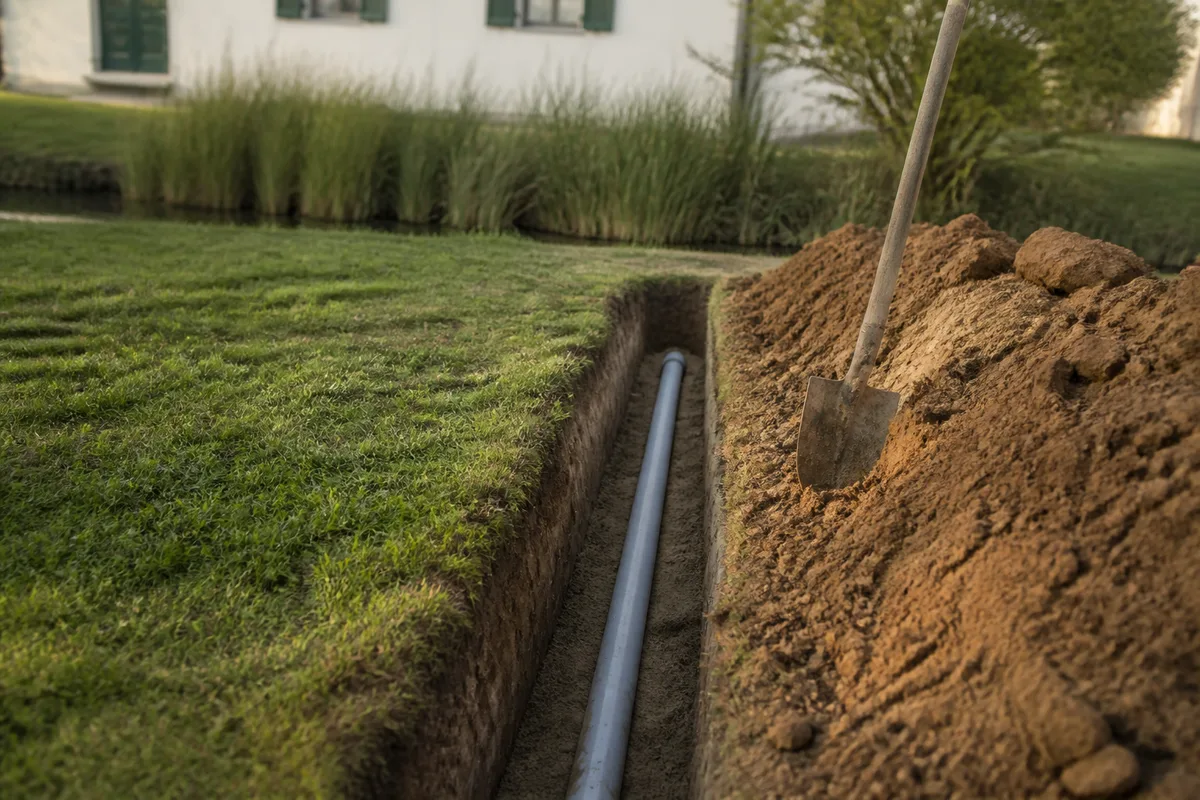 Tranchée ouverte laissant voir une canalisation enterrée dans un sol argileux du marais breton