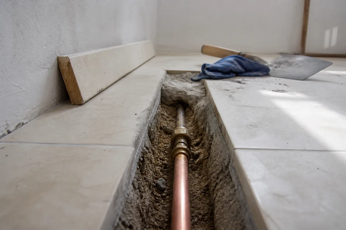 Tranchée étroite ouverte dans une dalle carrelée pour reprendre une canalisation en cuivre