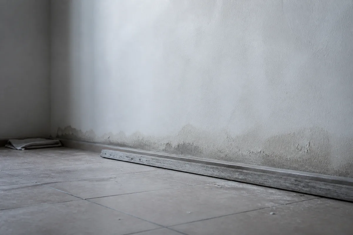 Trace d&rsquo;humidité en pied de mur sur un carrelage clair de maison de plain-pied