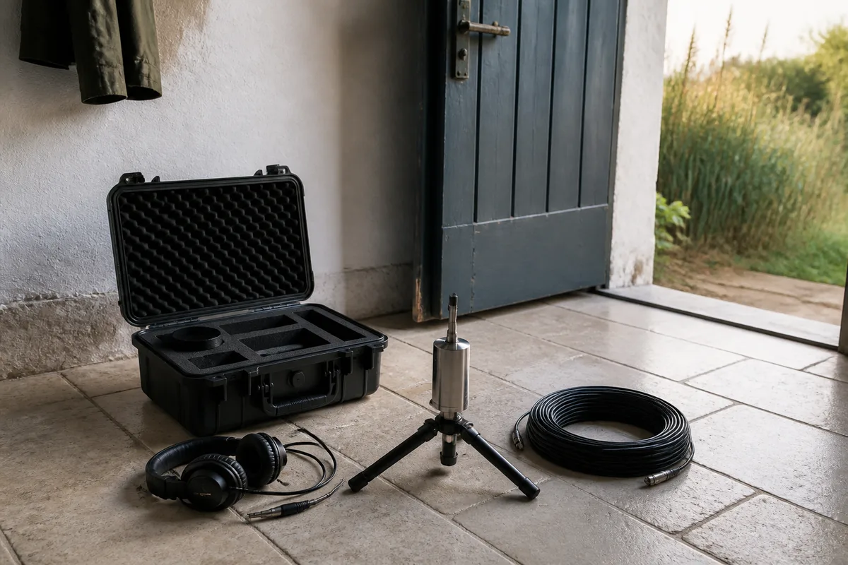 Casque d&rsquo;écoute et capteur acoustique de recherche de fuite posés sur un carrelage clair