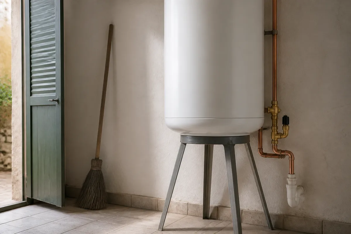 Chauffe-eau électrique fixé sur un trépied dans un cellier blanchi à la chaux
