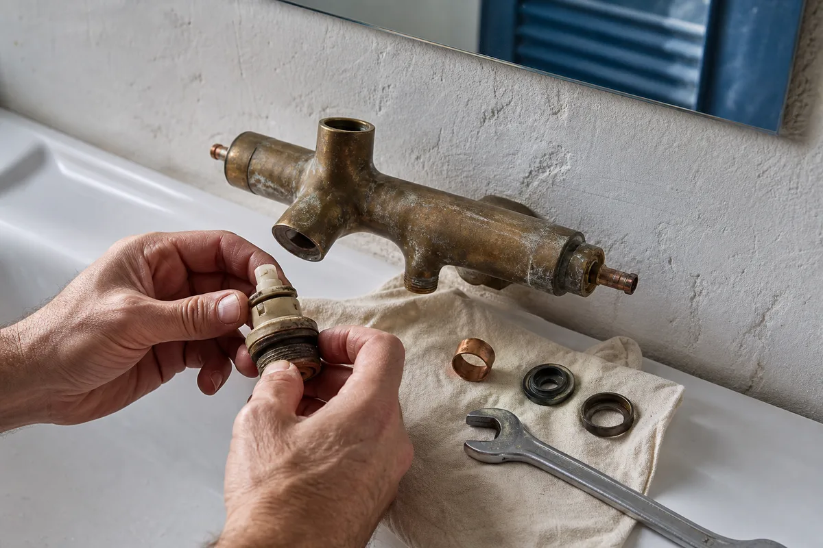 Mitigeur thermostatique en laiton démonté sur le rebord d’une petite salle d’eau