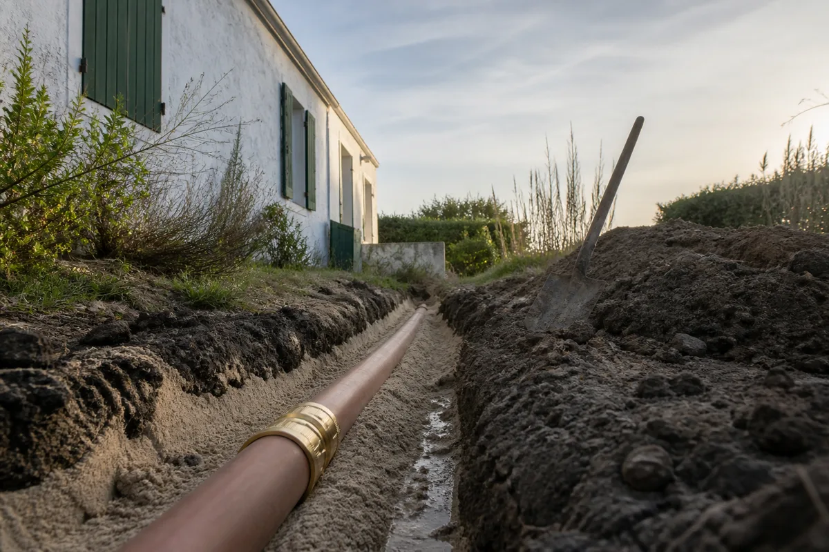 Tranchée étroite ouverte au pied d’une maison basse du marais, tuyau neuf posé sur un lit de sable