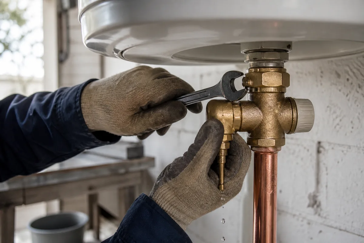 Mains gantées remplaçant un groupe de sécurité en cuivre neuf sous un chauffe-eau dans un garage clair
