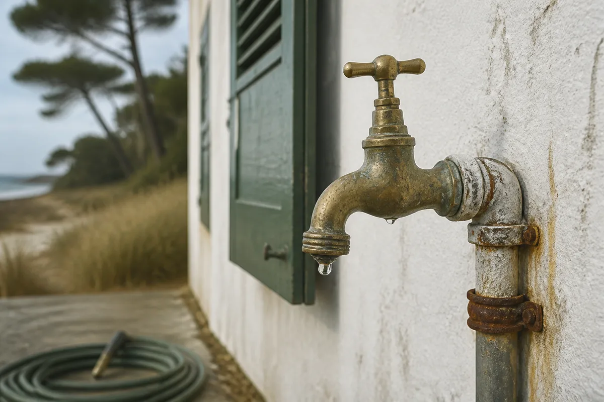 Robinet de jardin en laiton piqué par le sel sur le mur blanchi d&rsquo;une maison basse