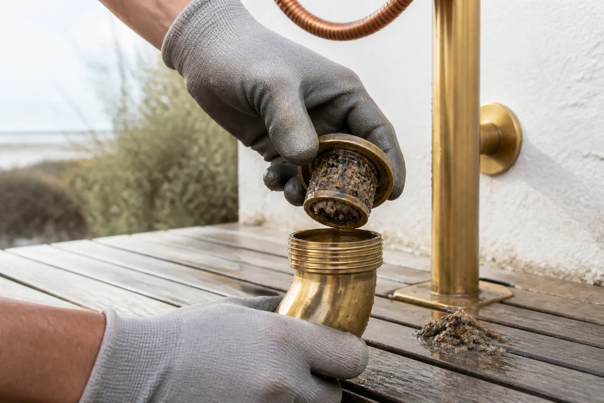 Mains gantées démontant le siphon sablé d&rsquo;une douche de jardin en bois grisé par le sel