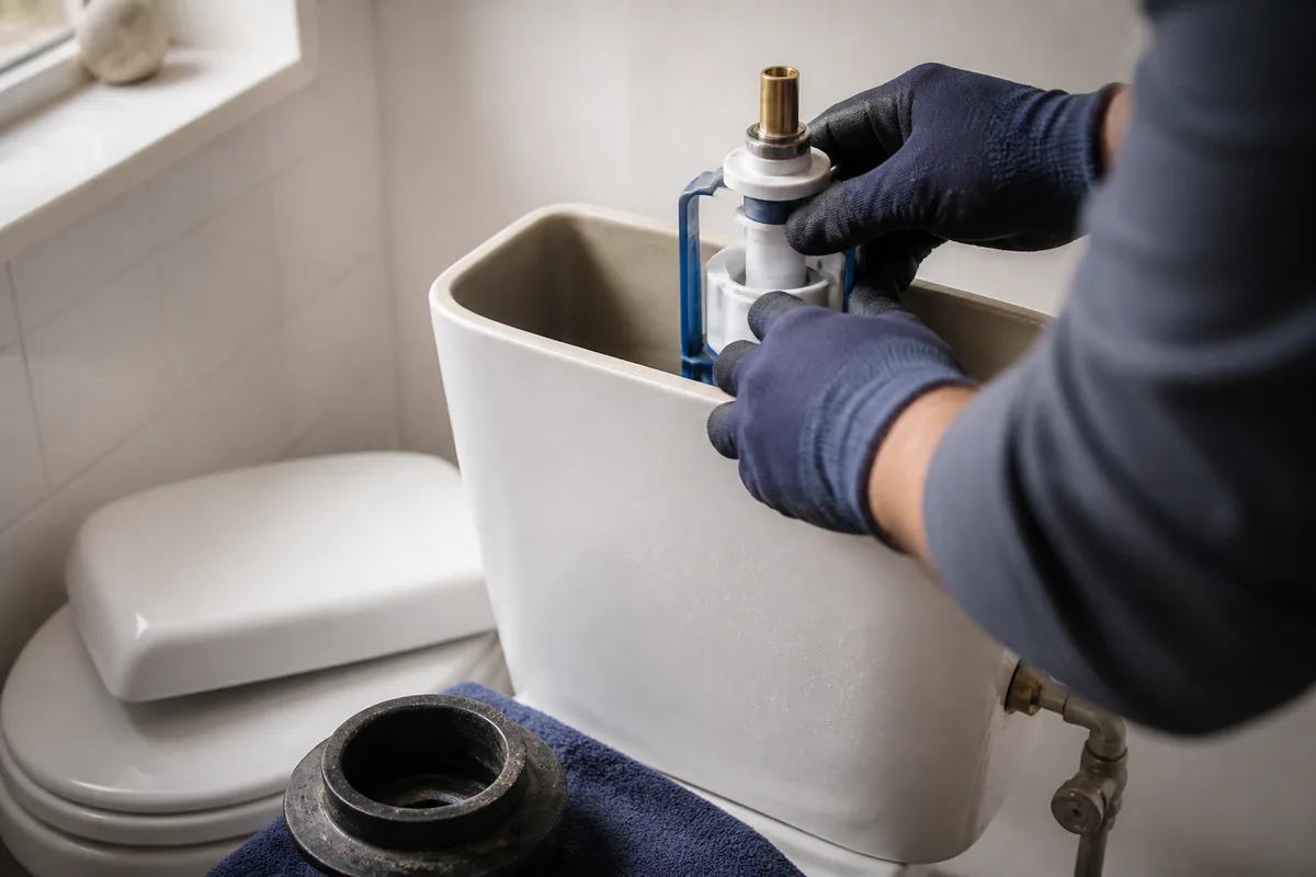 Mains gantées remplaçant le mécanisme d&rsquo;une chasse d&rsquo;eau dans un réservoir de WC ouvert