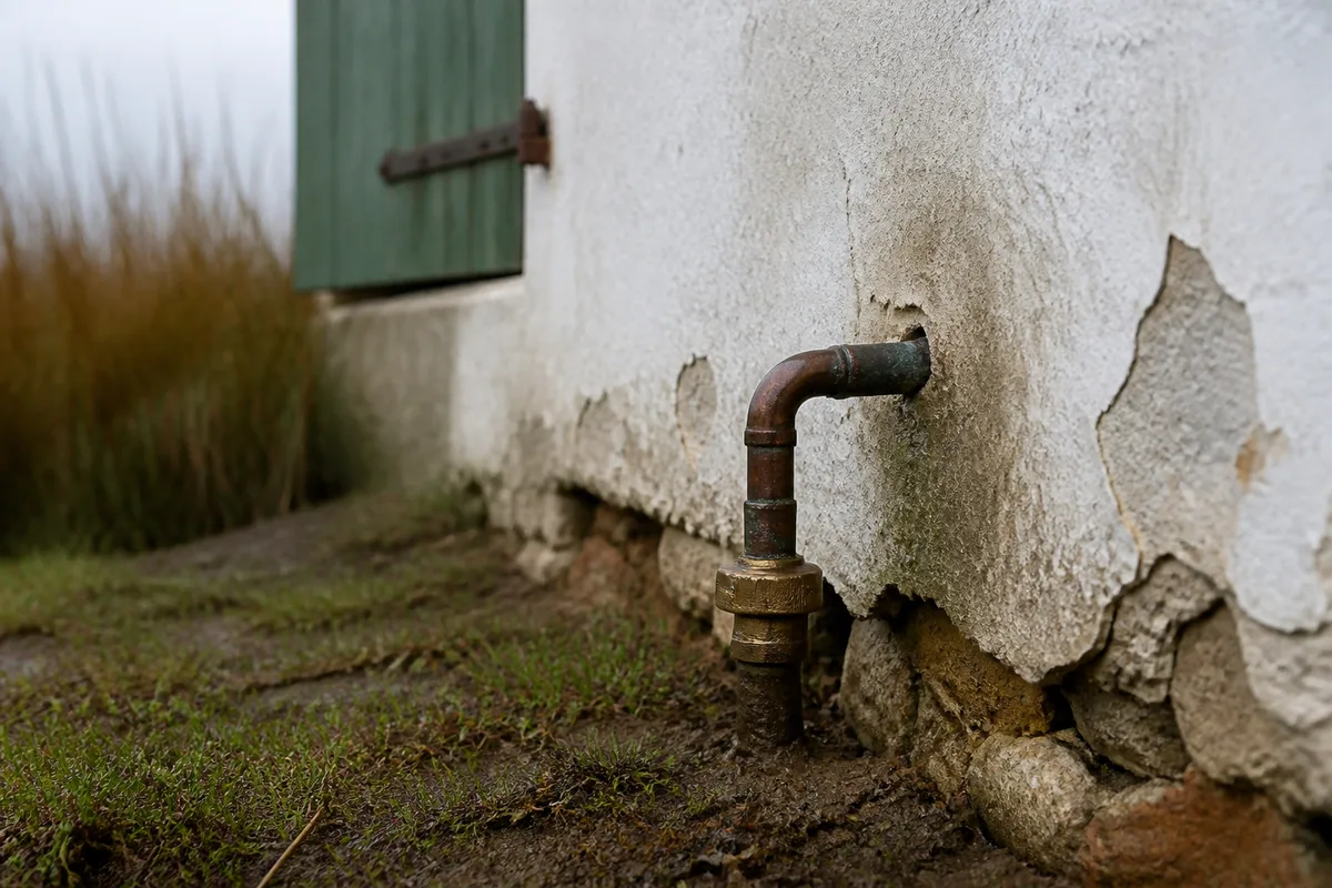 Bas de mur d’une maison ancienne du marais breton avec canalisation apparente et enduit à la chaux