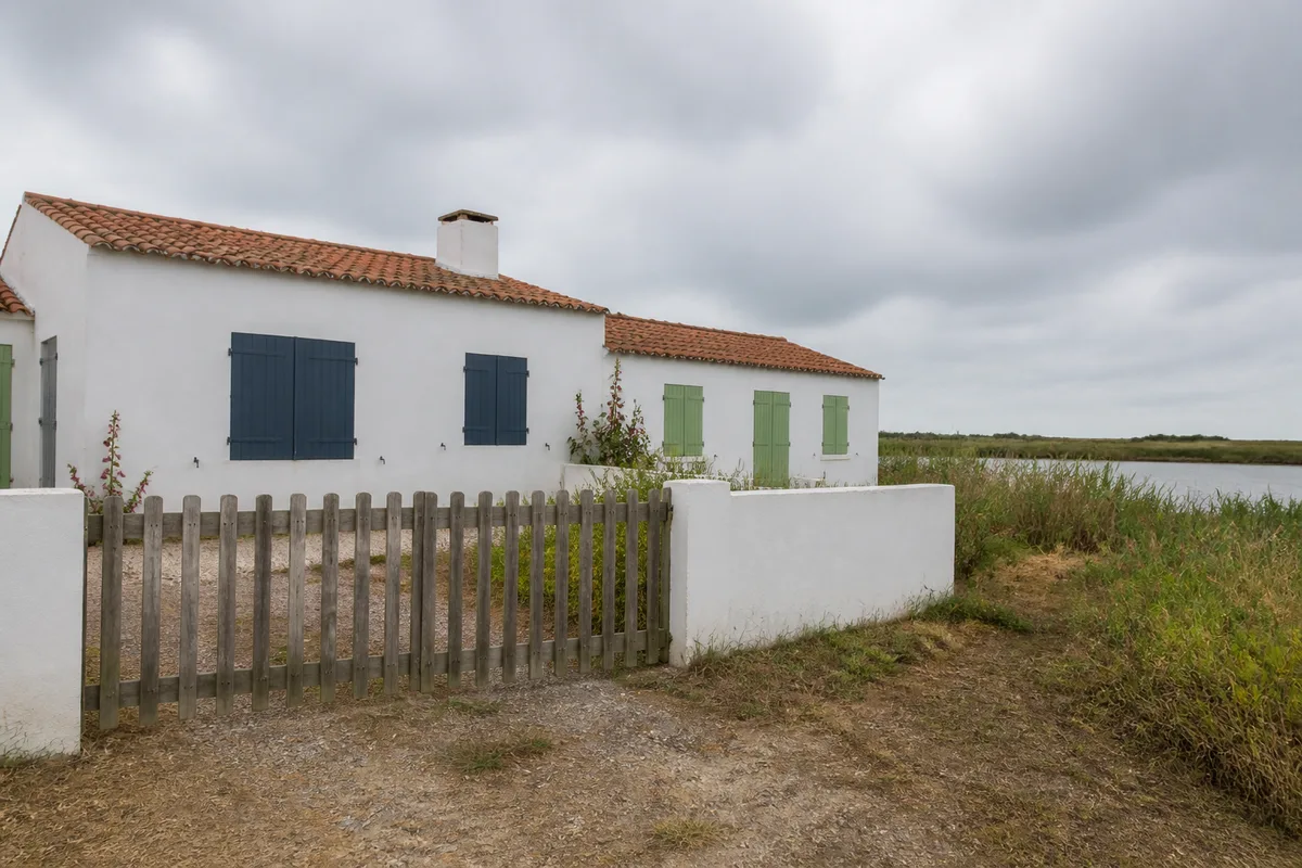 Maison basse blanchie à la chaux aux volets bleus, fermée, en bordure de marais vendéen