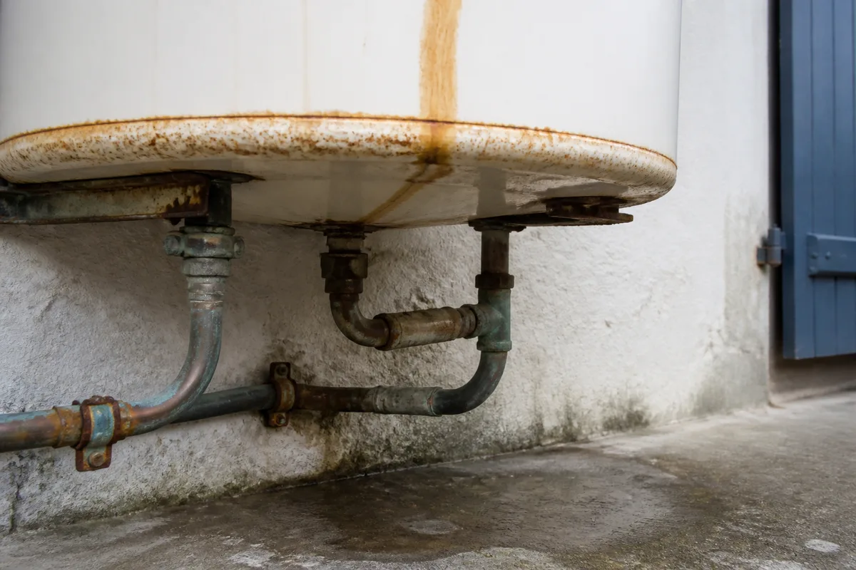 Bas d&rsquo;un chauffe-eau et pattes de fixation marquées par la corrosion dans un garage